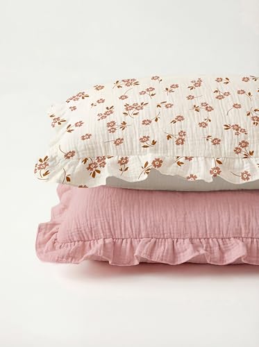 Image of Toddler Pillowcases for 13 inchx18 inch Pillow 2 Pack, Muslin Small Toddler Baby Kids Travel Pillow Covers for Boys Girls with Envelope Closure (Flower E & Pink-Ruffled, 13 x 18 Inch)