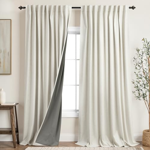Image of KOUFALL Cream Beige Back Tab Linen Blackout Curtains for Living Room 70x96 Inch Length