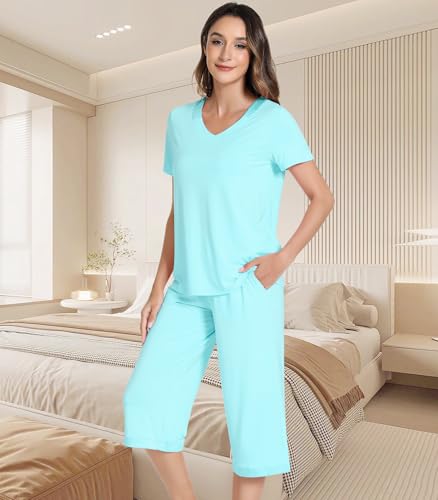 Image of NACHILA Bamboo Viscose Women's Pajamas Set Short Sleeve Pjs and Capri Pants | Soft like cloud,Breathable,Moisture wicking,Tagless
