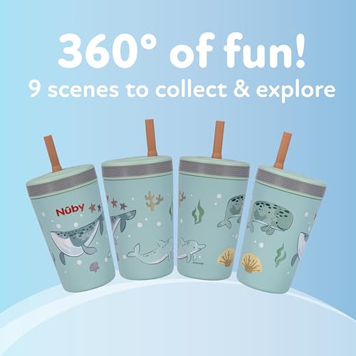 Image of Nuby Thirsty Kids Flexstraw Stainless Steel Insulated Toddler Cup - 12 oz | Leak-Resistant Silicone Straw - Easy-Clean Valve and Capacity - Travel Cup - Ocean