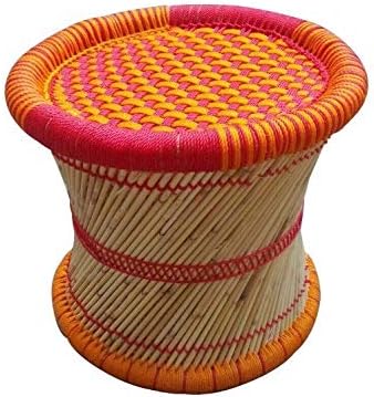 HeeMo Eco-Friendly Cane Wood Bamboo Sitting Stool, Mudda for Indoor/Outdoor (Orange & Red: Set of 1)