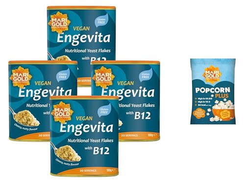 Image of Marigold Engevita Nutritional Yeast Flakes with Vitamin B12 + Free Popcorn - High in B-Complex, Zinc & Fibre, Vegan & Gluten-Free, Cheese-Style Seasoning, 100g (Pack of 4)