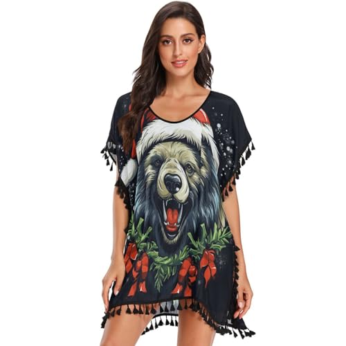 Christmas Style Animals Panda Women's Beach Cover Up Chiffon Tassel Swimwear Swimsuit Coverups for Girl