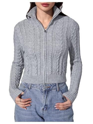 Image of MakeMeChic Women's Cropped Cable Knit Sweater Zip Cardigan Fall Clothes