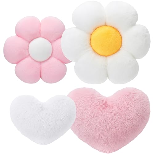 Chicmount 4 Pcs 17.72" Heart Shaped Pillows, Six Petal Floral