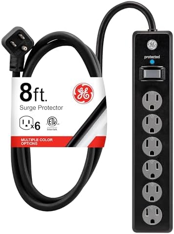 GE Surge Protector Power Strip, 8 Ft Extension Cord, 6 Outlet Extender, 1300 Joules, Flat Plug, Twist-to-Close Safety Covers, ETL Listed, Black, 33662