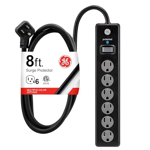 GE Surge Protector Power Strip, 8 Ft Extension Cord, 6 Outlet Extender, 1300 Joules, Flat Plug...