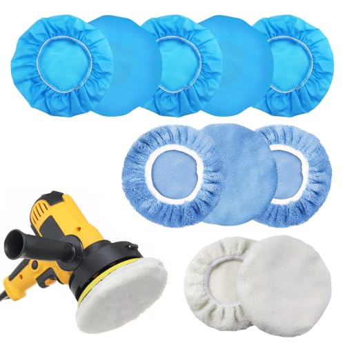 YUFFQOPC 10 Stück Polierhauben Set,9-10 Zoll Polierhauben 5 Mikrofaser 2 Wolle 3 Korallenvlies Polierscheibe für 230mm-250mm Auto-Poliermaschine Blau und Weiß