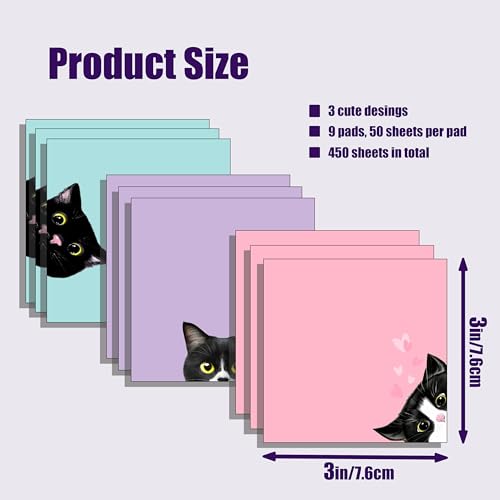 9 Blöcke schwarze Katze Haftnotizen Set, rosa selbstklebende Notizblöcke, niedliche Notizblöcke, super selbstklebende Notizkarte für Katzenliebhaber, Geschenk, Lehrer, Büro und Schulbedarf, 7,6 x 7,6