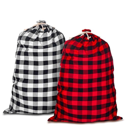 New Upgraded Large Fabric Drawstring Gift Bags, 47x28 Inch, 2 Pcs Buffalo Plaid Big Cloth Gift Bags for Xmas Present, Package Storage, Christmas Party Supplies Favors