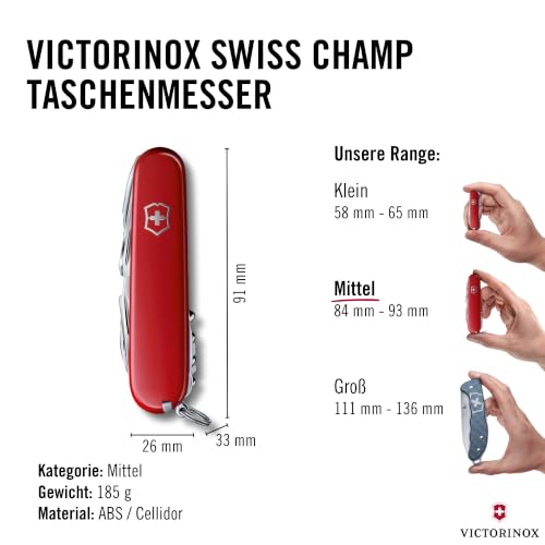 Victorinox Schweizer Taschenmesser Gross, Swiss Champ, Swiss Army Knife, Multitool, 33 Funktionen, Klinge, Korkenzieher, Schraubendreher, Rot