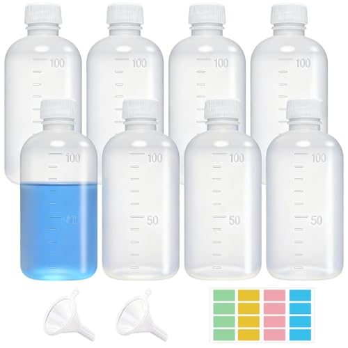HavaCue 8 Pièces 100ml Flacons à Essai en Gradués, Bouteille à Réactif avec Ouverture Etroite Anti-fuite, Semi-transparent Bouteille de Laboratoire pour...
