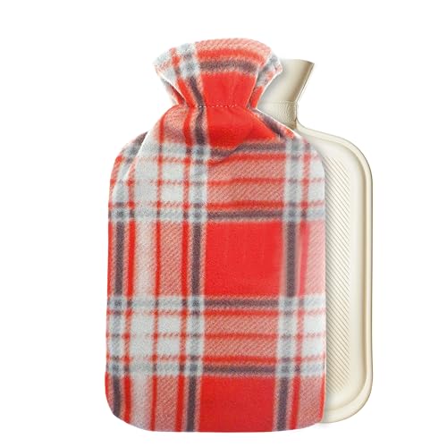 Hot Water Bottle with Fleece Cover 1.5L, Long-Lasting Reusable Rubber Bottle for Pain Relief & Warmth, Eco-Friendly Winter Essentials Gifts for Adults (Red/Grey Check)