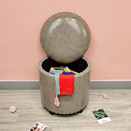 PAXLBF Reposapiés otomano tapizado de piel sintética, otomana redonda de almacenamiento, sala de estar, dormitorio, entrada, cambiador de zapatos, taburete de almacenamiento multifuncional, 40 x 40 x