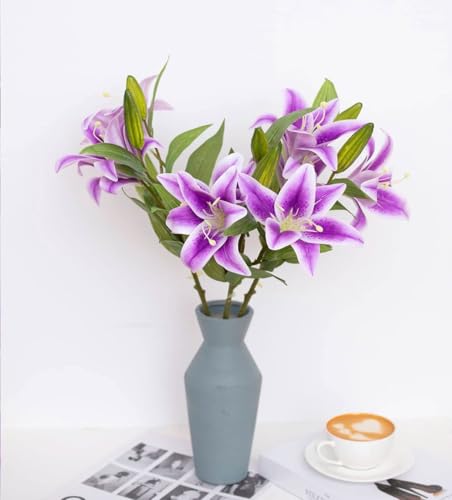 Image of VRB Dec 1 Pcs (3 Head) Lily Artificial Flowers Bunch Foam Flowers Sticks,Lily Artificial Flowers for Home Decor,Bedroom, Living Room, Table, Balcony, Office, Wedding, Pooja (Purple Color)