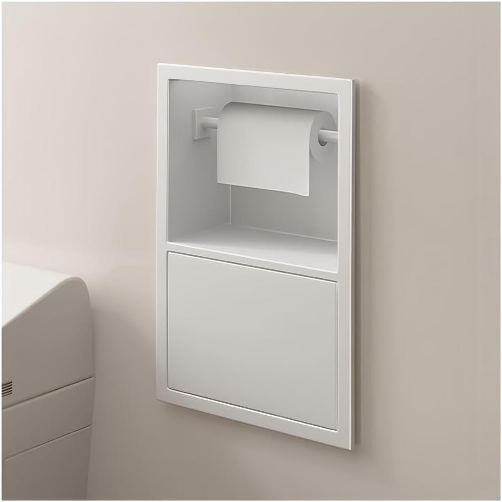 TIANQIHAO Stainless Steel Shower Niche With Built-In Trash Can And Toilet Paper Holder, Space-Saving Bathroom Storage For Homes, Restaurants, Hotels,White-23X17X12cm
