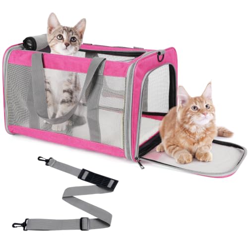 TIYOLAT Pet Carrier for Large Cats of 16 Lbs, Collapsible Carrier Bag for Medium Cat or Kittens,Soft Sided Puppy Carrier with Sturdy Travel Transport Strap, Adequate Ventilation, 4 Mesh Windows (Pink)