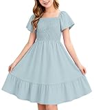 Tween Girl's Summer Short Sleeve Loose Dress Casual Spring Floral Square Neck Midi Dresses 2026 Pea Green 11-12 Years