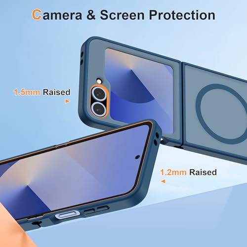 Image of ORETECH Magnetic for Samsung Galaxy Z Flip 7 FE Case Galaxy Z Flip 6, with [2 x Screen Protector] Translucent Back Non-Slip Shockproof Bumper Case for Galaxy Z Flip 7FE / 6 - Navy Blue | 2 Pack Screen Protector, Translucent Back Non-Slip Hard PC Shockproof Cover