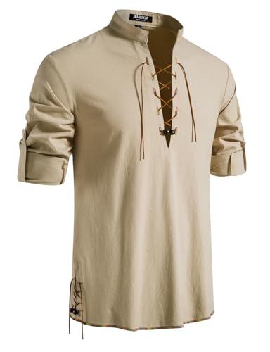 JEMITOP Men's Vintage Renaissance Costume Long Sleeve Lace Up Shirts for Pirate Viking Medieval Vampire Halloween Cosplay Clothing Khaki-D L