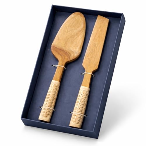 Scissors Art Natural Wooden Cake Server Set – Handmade Mango Wood Cake Knife & Pie Server with Woven Handle | Eco-Friendly Lightweight Pastry Server Set for Cake, Pie, Pizza & Dessert Serving