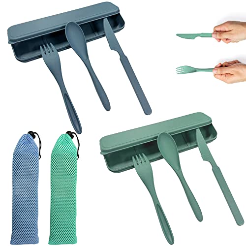 2 juegos de cubiertos reutilizables, 2 bolsas de almacenamiento para cubiertos, tenedor portátil, cuchillo y cuchara, adecuado para su uso en viajes, picnic, escuela