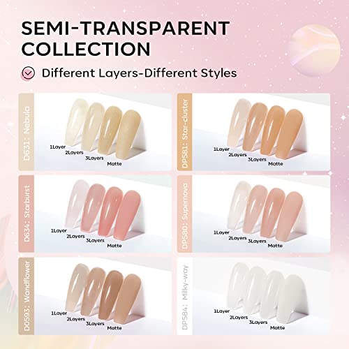 Modelones 12 Pcs Jelly Dip Powder Nail Kit Starter, Limited Edition 6 Colors X 12G Translucent Milky White Sheer Color, Semi-Transparent Neutral Nude Dipping Powder Jelly Effect French Nail Art Manicure For Salon Diy At Home #TOP4