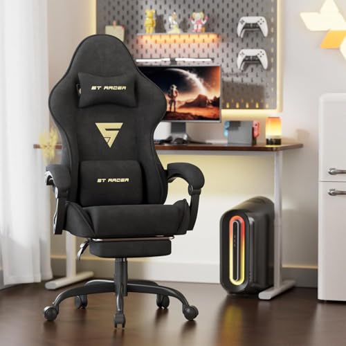 WoRaum Silla Gaming Ergonómica con Masaje de Cintura,Silla Gamer Reposapiés y Reposacabezas Retráctil,Silla Oficina Material de Terciopelo cómodo,Negro