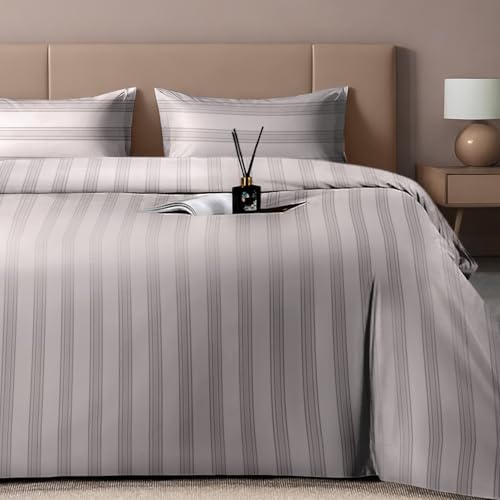 Image of Sassoon Artemis Italian Jacquard Weave Sateen Cotton Bedsheet - 400 TC, Cotton, Stripe Design, King Size (108 x 108 inches), Color: Birch Grey, Soft, Breathable, - 1 Bedsheet + 2 Pillow Covers