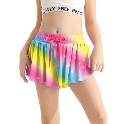 Girls Flowy Athletic Shorts with Pocket Drawstring 2 in 1 Quick Dry Butterfly Skirts for Running, Tennis, Dance 7-8 Years Rainbow