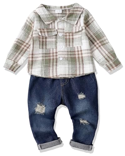 Renotemy 18-24 Month Boy Clothes Toddler Christmas Boy Fall Outfits Baby Boy Flannel Green Plaid Shirt Sweatsuit Jeans Baby Boy Winter Clothes 18-24 Months