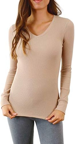 Pure Look Women's Long Sleeve Waffle Knit Stretch Cotton Thermal Underwear Shirt, V-neck Beige, 1X
