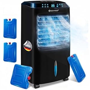 KESSER® Mobile Klimaanlage 4in1 Luftkühler – Air Cooler mit Fernbedienung & Timer, 10L Wassertank, Ionisator & Luftbefeuchter, Ventilator Klimagerät ohne Abluftschlauch, 3 Stufen inkl. Kühlakkus