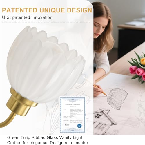 Image of Bathroom Light Fixtures (3-Light, 20 Inch), Brushed Gold Vanity Lights for Bathroom with Ribbed Milk Tulip Glass Shade, Vintage Vanity Wall Lights for Mirror Bedroom Living Room Hallway
