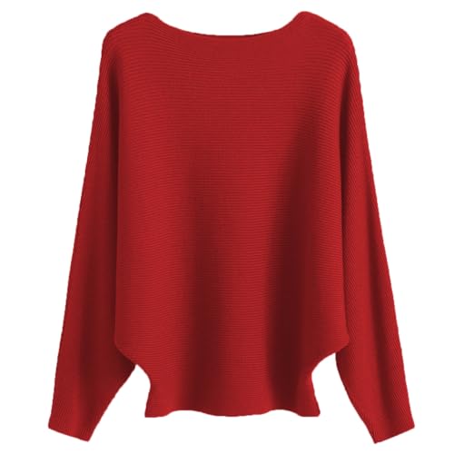 Cegerne Damen Pullover Fledermausärmel Elegant Oversize Pulli Langarm Sweatshirt Strickpullover Batwing Knitted Sweater Oberteil Rot