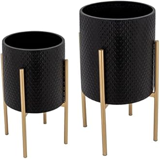 Decorative Flower Pots with Metal Stand for Home Decor - Modern Planters for Hallway, Entryway, and Living Room Decor - Indoor and Outdoor Pots for Plants - Set of 2, 23", 19", Black & Gold