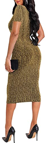 Elegant Bodycon Sparkly Dress For Women - Deep V Short Sleeve Neck Glitter Sequin Cocktail Midi Casual Pencil Summer Dresses Gold #TOP2