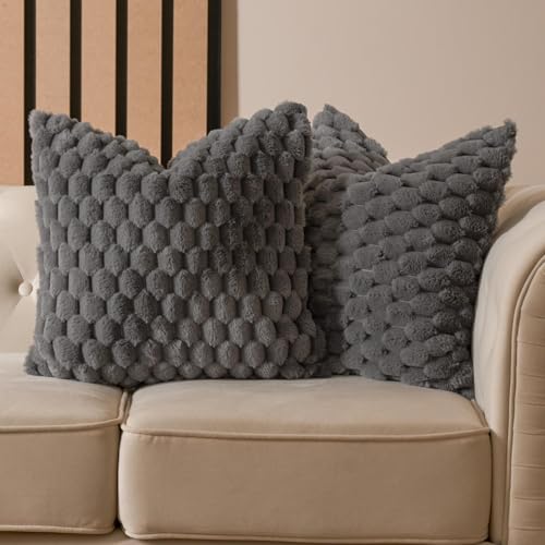 OHS Waffle Faux Fur Grey Cushions, Decorative Throw Pillows for Sofa Cushions Living Room Scatter Cushions Covers Textured Soft Comfy Home Decor, Pack of 2 - Charcoal Grey