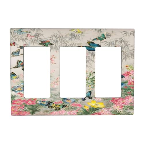 Decorative Outlet Covers Boho Wildflowers Butterfly Rustic Blue Pink Flowers 3 Gang Wall Plate Triple Rocker Light Switch Cover Plate Jumbo Electrical GFCI Faceplate for Country Home Decor