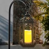 Nattork Outdoor Moroccan Decorative Lantern with Timer - 14''H Large Size Lamp Hanging, Flameless Candle Lanterns for Ramadan Decorations, Unique Eaves Design Waterproof (Bronze Paint)