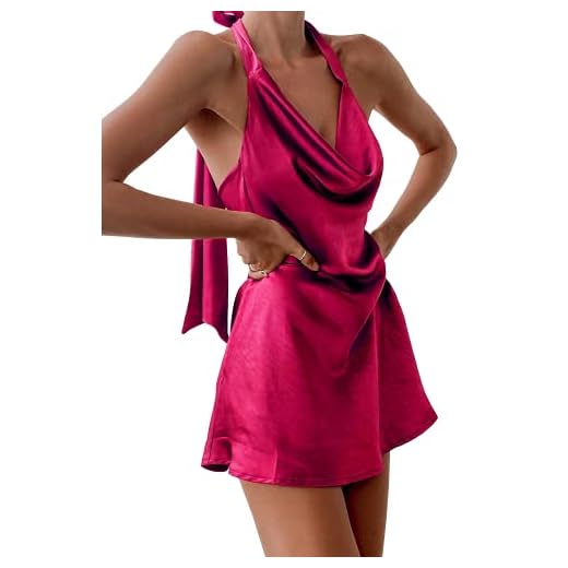 Cantonwalker Women's Cowl Neck Halterneck Slip On Backless Satin Mini Dress Sexy Silky Party Club Bodycon Dresses 0213 (S, Rose Satin Mini Dress)