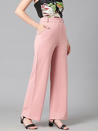 KOTTY Women's High Rise Cotton Blend Relaxed Fit Trousers Peach Pink