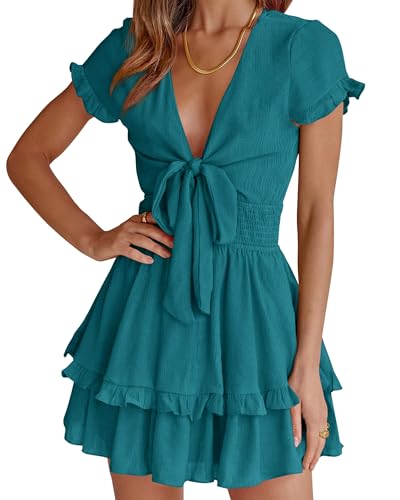 PRETTYGARDEN Women Summer Mini Short Dress 2025 Short Sleeve Casual Beach Vacation Sundress V Neck Tiered Sun Dresses