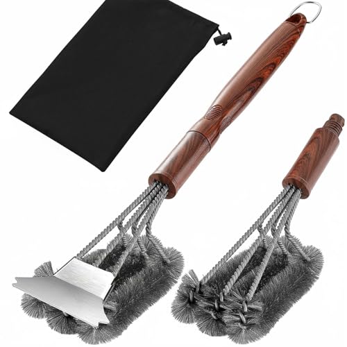 Grillbürste 52cm Lang-4 in 1 Grillreiniger mit Extra Langem Griff, Edelstahlborsten + Schaber+2 Austauschbare Dreieckköpfe,Grill Reinigungsbürste für Hohe Sicherheit & Rostfrei, ideal für BBQ Plancha