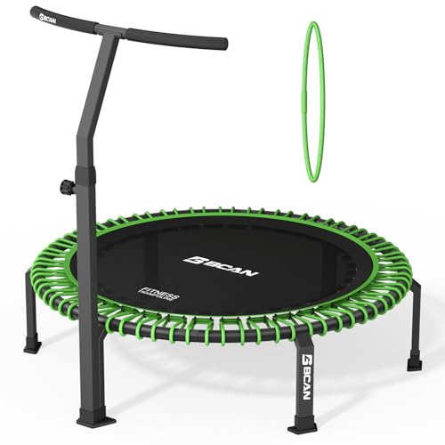 BCAN 500/560 LBS Soft Land Mini Trampoline, 40"/48" Adult Fitness Trampoline, Bungees, T Shape Adjustable Foam Handle, Stable, Quiet Indoor/Garden Workout