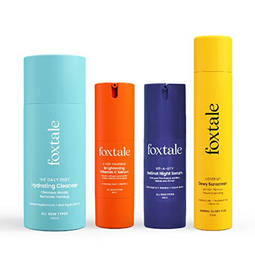 Foxtale Age Defender Routine (Dewy) Skin Care Kit | Retinol Night Serum 30ml + Vitamin C Face Serum 30ml + Cleanser Face Wash 100ml + Dewy Finish Sunscreen 50ml