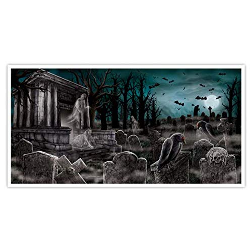 Amscan 120191-55 Foil Banner Cemetery, Dimensions 165.1 x 85 cm, Window Decoration, RIP, Graveyard, ChurchHalloween, Horror Party, Theme Party
