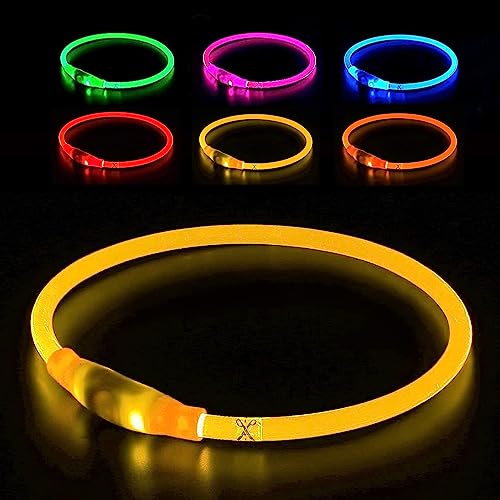 UPET LED Dog Collar USB Glow Rechargeable Light Up Pet Necklace IPX6 Waterproof 3 Flashing Modes High Brightness Collars Length 70cm Cuttable for Small Medium Large Dogs Night Walking Safety（Yellow）