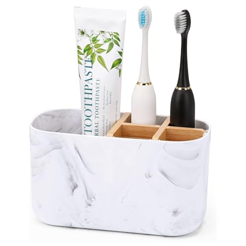 GFWARE Toothbrush Holders for Bathrooms, 5 Slots Bamboo Toothbrush Holder Kids Electric Toothbrush Holder and Toothpaste Holder for Bathroom Countertop Accessories Storage, Marble Toothbrush Organizer