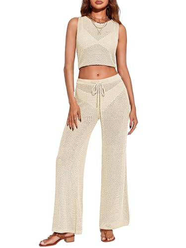 Saodimallsu Womens 2 Piece Crochet Swimsuit Cover Up Sleeveless Crop Top Drawstring Long Pants Set Beach Outfits